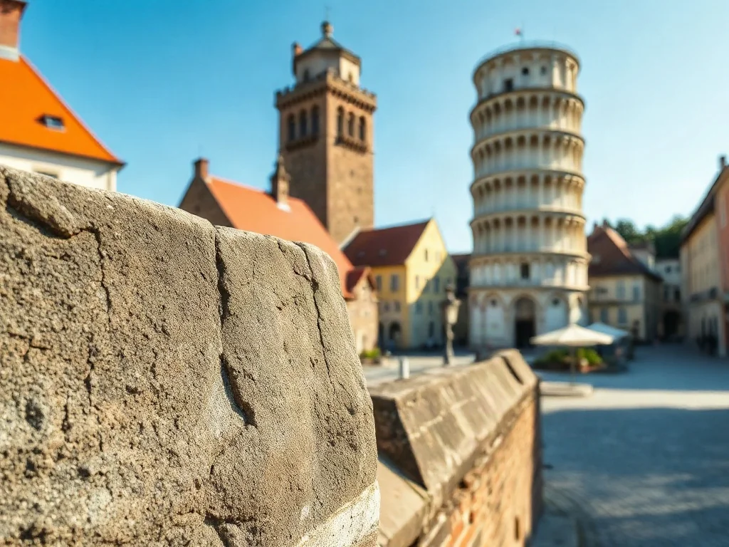 Krzywa wieża w Ząbkowicach Śląskich na tle błękitnego nieba i zabytkowego rynku. Widoczny detal kamiennej elewacji budowli.