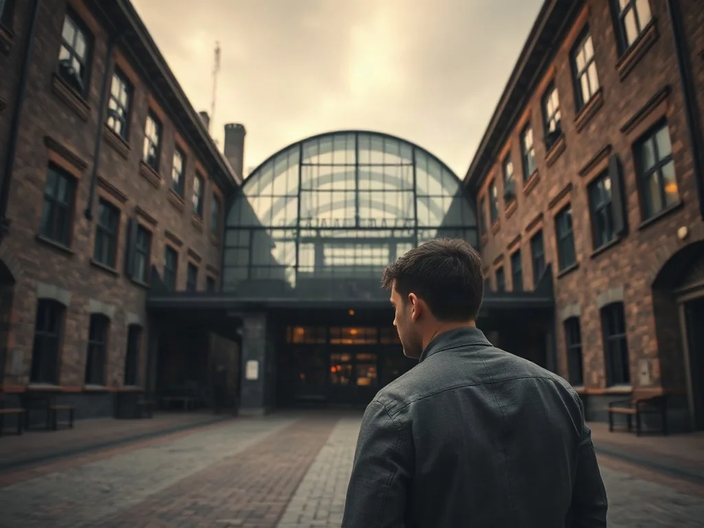 Mężczyzna wchodzi do historycznego budynku Fabryki Emalia Oskara Schindlera w Krakowie w otoczeniu industrialnej architektury.