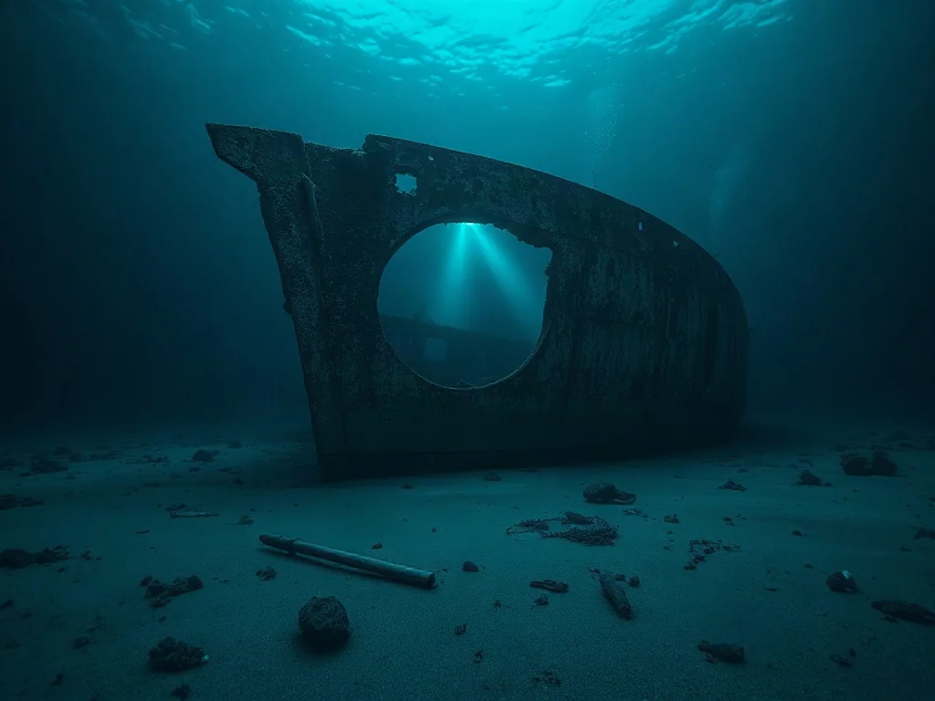 Zardzewiały dziób wraku Titanica spoczywający na dnie oceanu, oświetlony światłami łodzi podwodnej.