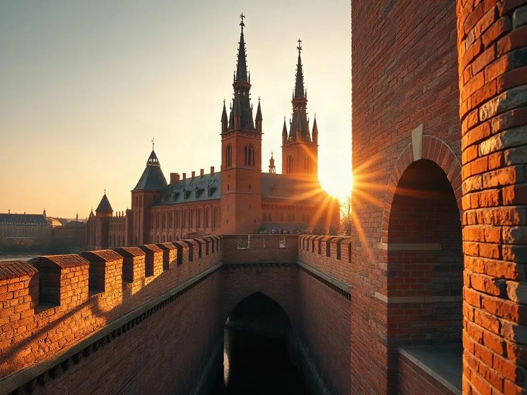 Majestatyczny zamek w Malborku o zachodzie słońca, z gotyckimi wieżami odbijającymi się w wodach rzeki Nogat.