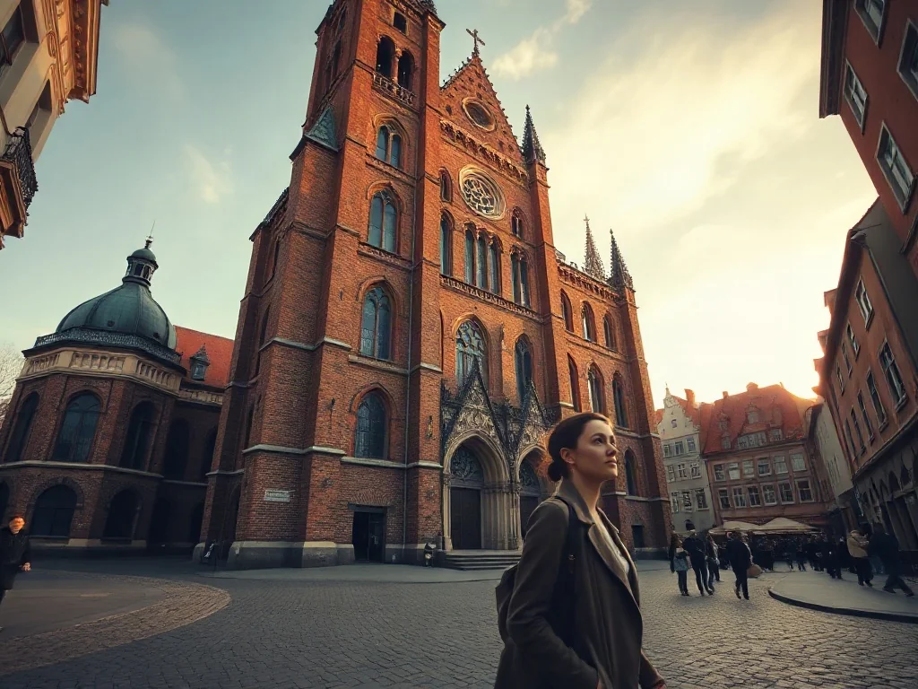 Turystka podziwiająca monumentalną, gotycką bryłę Bazyliki Mariackiej w Gdańsku o zachodzie słońca.