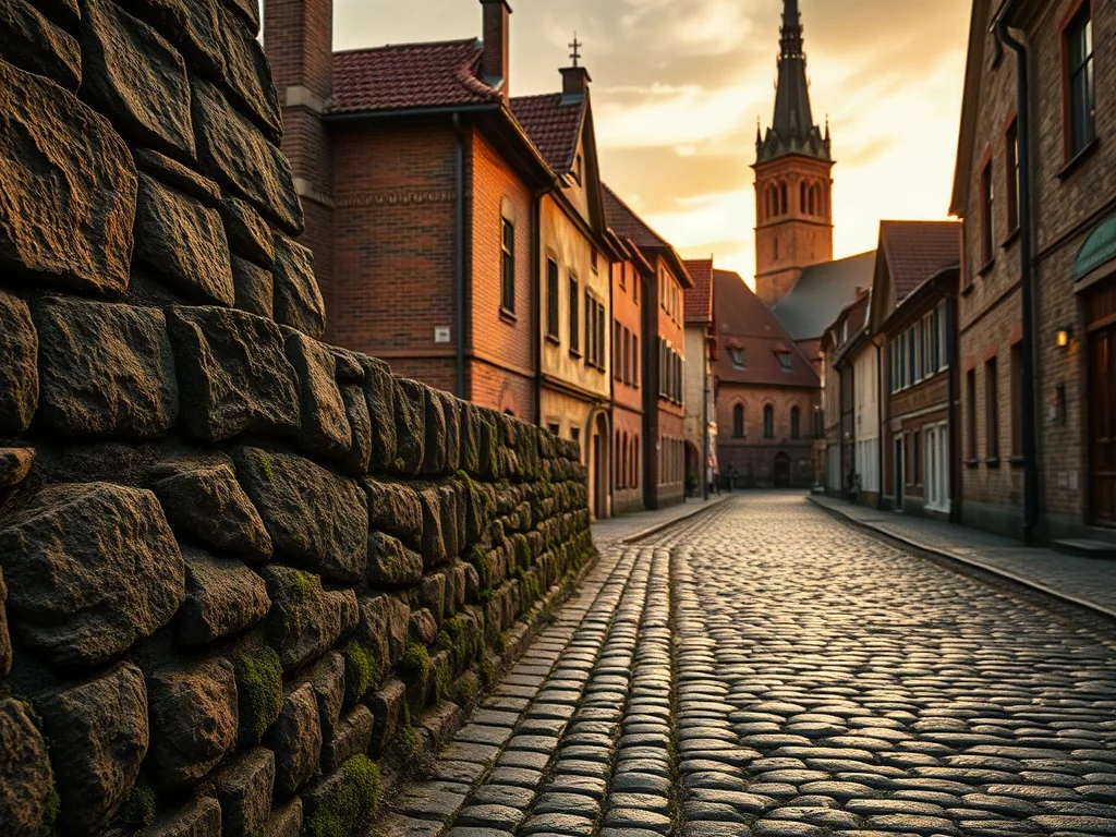 Zabytkowe, brukowane uliczki i gotycka architektura polskiego miasta w ciepłym świetle zachodzącego słońca.